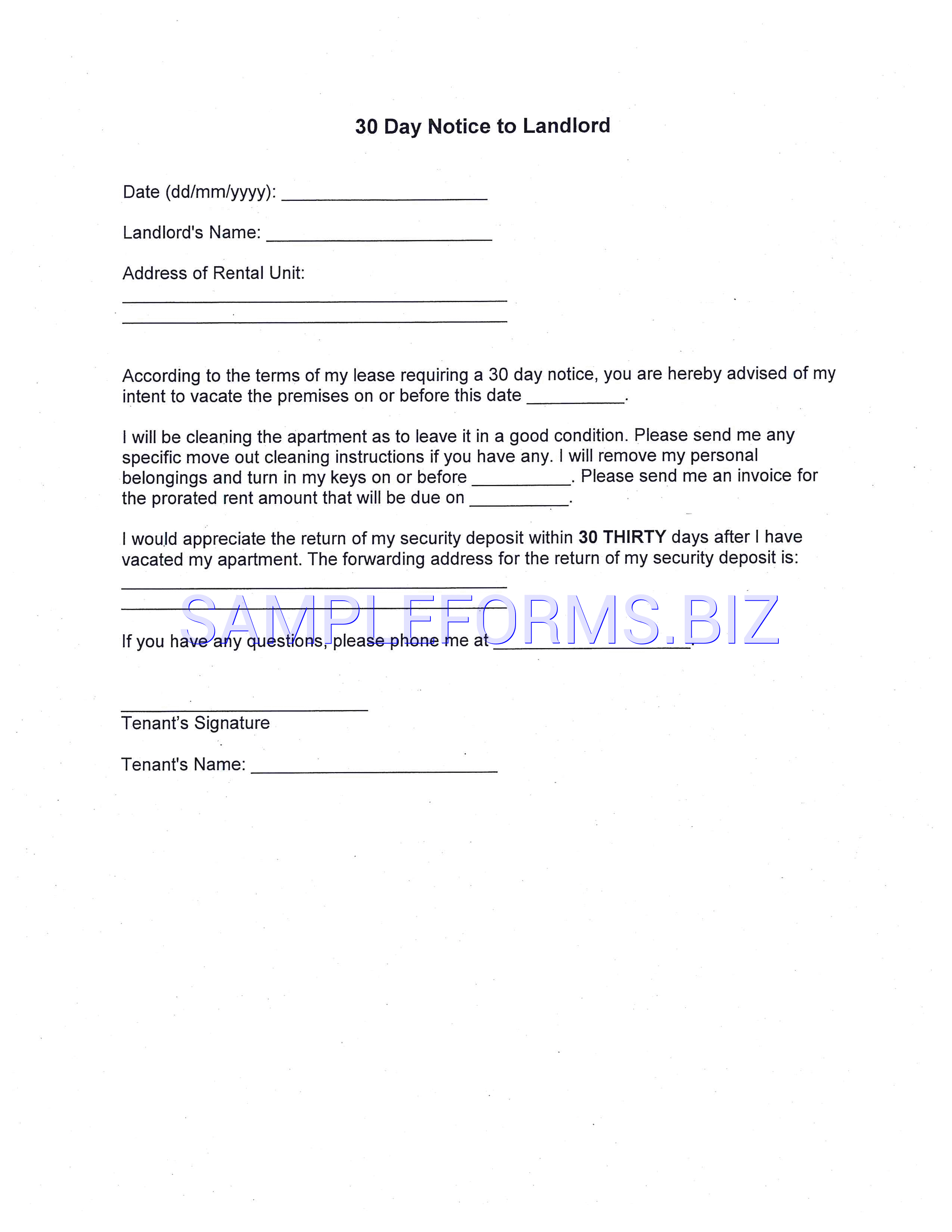 Preview free downloadable 30 Day Notice to Landlord in PDF (page 1)